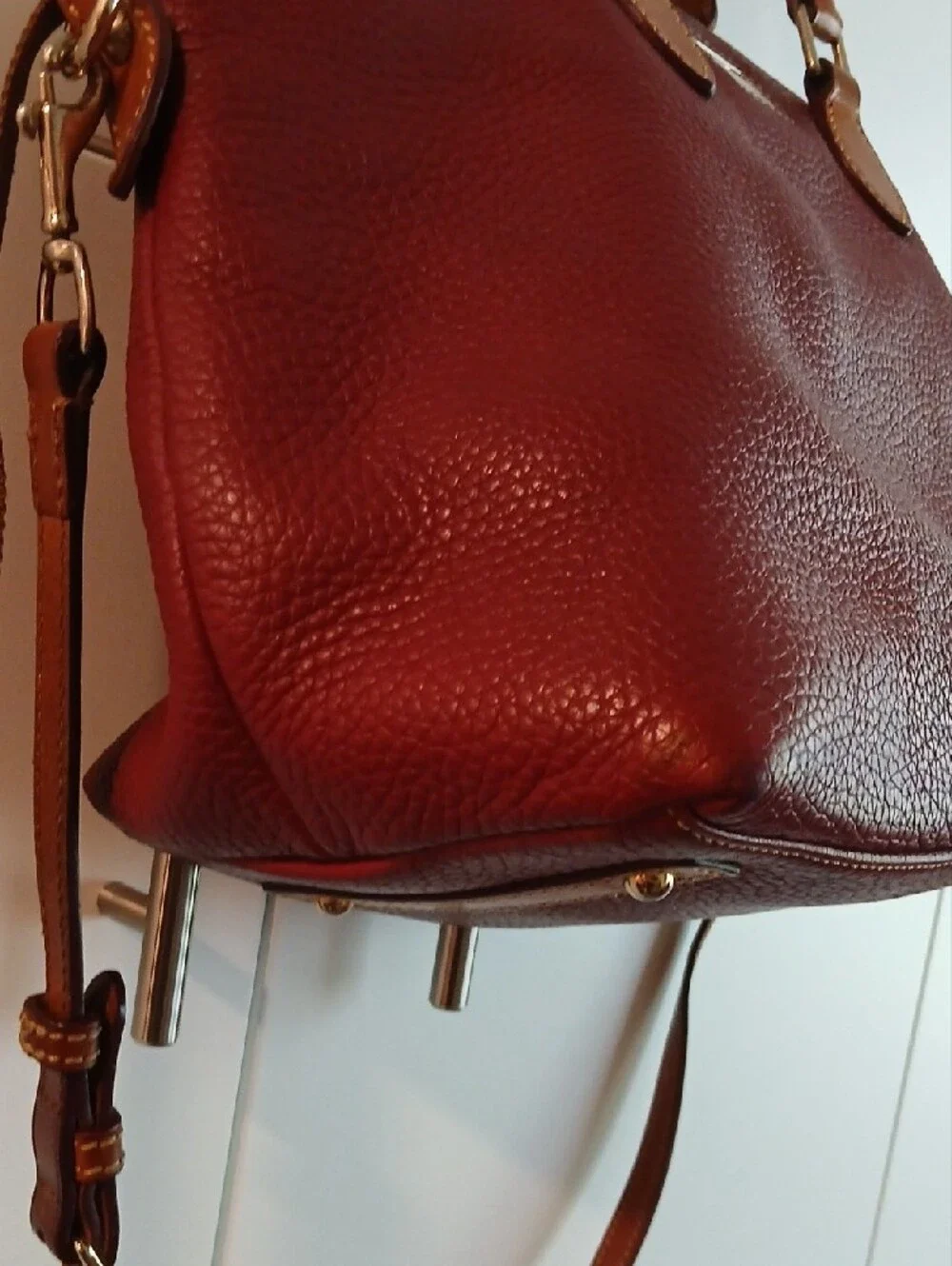 Dooney & Bourke Burgundy Pebbled Leather Satchel with Tan Accents